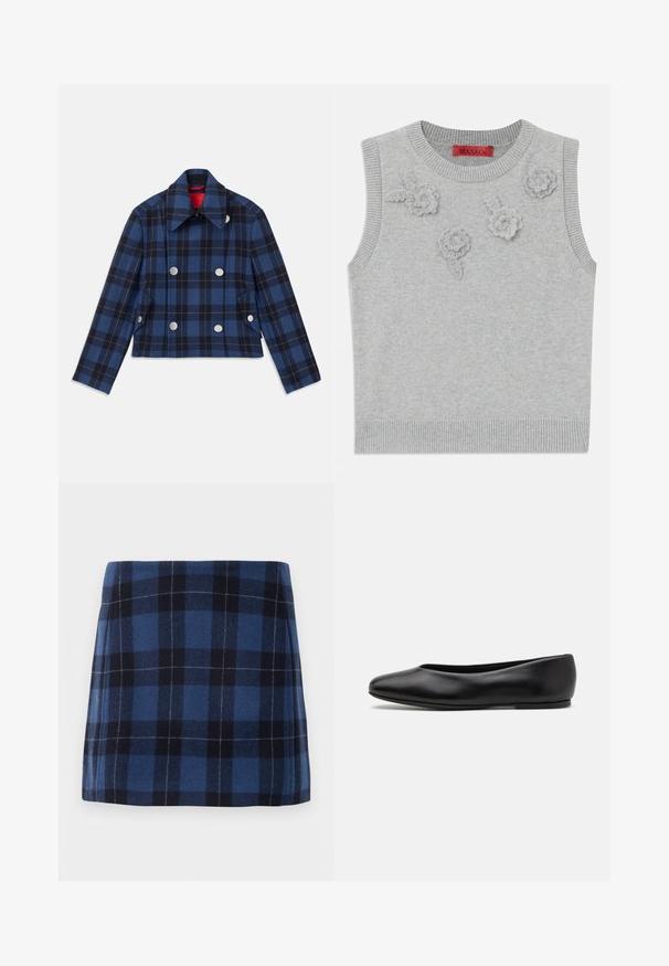 Navyblauwe geruite jas met een cropped ontwerp, dubbelzijdige voorkant, grote zilveren knopen en een puntige kraag. Getextureerde stof.; Lichtgrijze mouwloze trui met een geribbelde halslijn en zoom. Bevat drie textuurrijke bloemapplicaties op de voorkant. Merklabel: MAX&Co.; Geruite mini rok in donkerblauw en marineblauw, gemaakt van een zachte stof met een licht gestructureerde afwerking. Heeft een rechte snit en strakke lijnen.; Paul Smith TOPANGA - Ballerina's - black