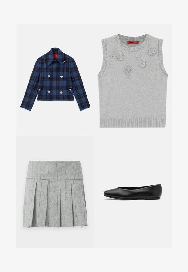 Navyblauwe geruite jas met een cropped ontwerp, dubbelzijdige voorkant, grote zilveren knopen en een puntige kraag. Getextureerde stof.; Lichtgrijze mouwloze trui met een geribbelde halslijn en zoom. Bevat drie textuurrijke bloemapplicaties op de voorkant. Merklabel: MAX&Co.; Grijze geplooide rok gemaakt van stof met een haringbone-patroon; heeft een gestructureerde tailleband en een rechte snit aan de onderkant.; Paul Smith TOPANGA - Ballerina's - black