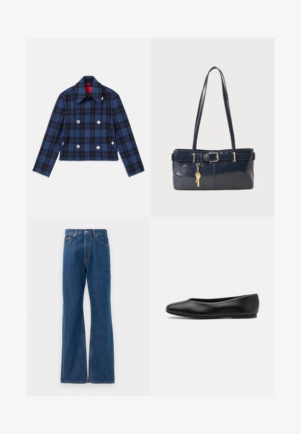 Granatowa marynarka w kratę o skróconym fasonie, z podwójnym zapięciem z przodu, dużymi srebrnymi guzikami i spiczastym kołnierzem. Teksturowany materiał.; Koszula w paski z białą bazą, z wąskimi wielokolorowymi liniami w odcieniach niebieskiego, pomarańczowego i zielonego. Długie rękawy i klasyczny kołnierzyk.; Niebieskie dżinsy z rozszerzanymi nogawkami, wysokim stanem, pięcioma kieszeniami, zapięciem na srebrny guzik i widocznymi przeszyciami.; Paul Smith TOPANGA czarny; Granatowa skórzana torebka z dwoma długimi uchwytami, detalem w postaci klamry oraz dołączonym breloczkiem. Charakteryzuje się gładką teksturą i prostokątnym kształtem.