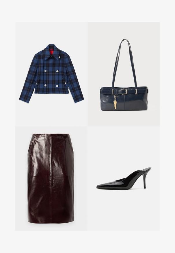 Granatowa marynarka w kratę o skróconym fasonie, z podwójnym zapięciem z przodu, dużymi srebrnymi guzikami i spiczastym kołnierzem. Teksturowany materiał.; Czarna satynowa koszula z długim rękawem, wysokim kołnierzem, zwężoną talią i regulowanym sznurkiem. Gładka tekstura o eleganckim wykończeniu.; Ciemnobordowa spódnica ołówkowa z ekologicznej skóry o gładkiej fakturze, wysoki stan i subtelny detal centralnego szwu.; Czarne lakierowane mule na wysokim obcasie z wąskim noskiem i elegancką sylwetką, charakteryzujące się otwartym tyłem i smukłym szpilką.; Granatowa skórzana torebka z dwoma długimi uchwytami, detalem w postaci klamry oraz dołączonym breloczkiem. Charakteryzuje się gładką teksturą i prostokątnym kształtem.; Rabanne XL LINK DOUBLE HOOP EARRING - Kolczyki