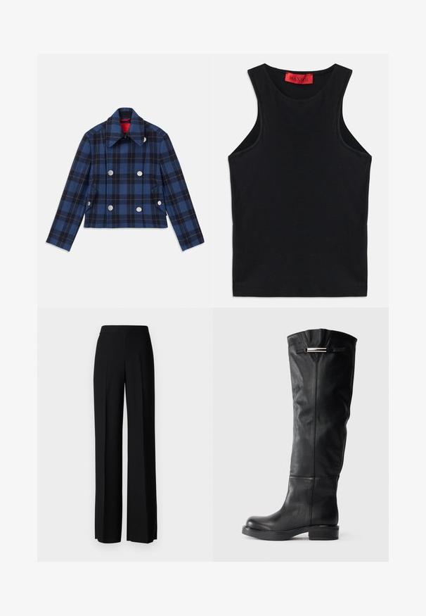 Tamsiai mėlynas languotas švarkas su sutrumpintu dizainu, dvigubais mygtukais priekyje, dideliais sidabriniais mygtukais ir smailiu apykakle. Audinys su tekstūra.; Juodas be rankovių marškinėliai, pagaminti iš minkštos medvilnės. Turi apvalų iškirpimą ir standartinį apdailą. Paprastas dizainas, be matomų raštų ar akcentų.; Juodi platūs kelnių kelnės su lygiu paviršiumi, turinčios aukštą liemenį ir centrinės raukšlės. Nėra matomų raštų ar metalinių detalių.; Knee-high juodi odiniai batai su lygiu paviršiumi, apvaliu pirštu ir žemu bloko kulnu. Viršutinėje pusėje yra sidabrinis akcentas.