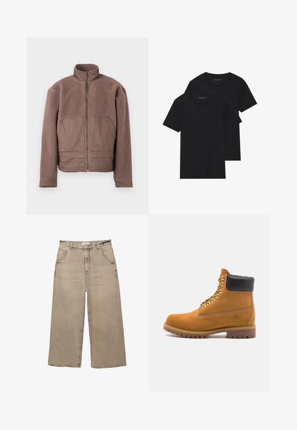 Hnedá fleecová bunda s plným predným zipsom, vysokým golierom a hladkými textilnými panelmi na hrudi a dolnej časti prednej strany.; Dvoje čiernych bavlnených tričiek s krátkymi rukávmi, okrúhlym výstrihom a hladkou textúrou, vystavených naskladaných spolu.; PULL&BEAR MEGA BAGGY - Džínsy baggy - light grey; Tyrkysové semišové členkové topánky s čiernym polstrovaným golierom, zlatými kovovými očkami, bielym prešívaním a robustnou gumovou podrážkou s výraznými drážkami.