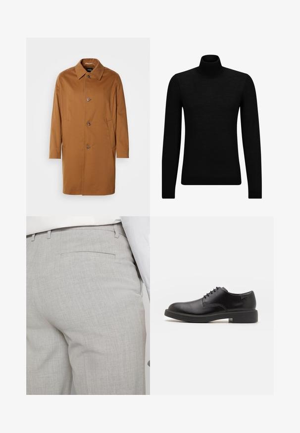 Rudas trenčiotas paltas su apykakle, dviem šoninėmis kišenėmis ir trimis priekinėmis mygtukais. Pagamintas iš lygaus audinio, su tiesiu kirpimu.; Juodas aukšto kaklo megztinis, pagamintas iš minkštos medžiagos, su ilgomis rankovėmis ir prigludusia forma. Su raukiniais apačioje ir rankogaliuose. Paprastas dizainas.; Šviesiai pilkos spalvos pritaikytos kelnės iš faktūrinės medžiagos, turinčios vieną užpakalinę kišenę ir tvarkingus siūlus.; Juodas odinis batų modelis su raišteliais, apvaliu nosiu, lygiu paviršiumi, minimaliai siuvinėjimu ir žemu guminėmis pakulne. Ant pakulnės šalia logo.