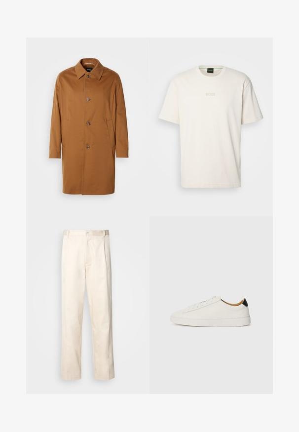 Brūns tranšejas mētelis ar apkakli, divām sānu kabatām un trim priekšējām pogām. Izgatavots no gludas auduma, ar taisnas griezuma dizainu.; BOSS TEE - Pamata T-krekls - open white; Bežā krāsā auduma bikses ar taisnu kāju griezumu, pievienotām pogu aizdares un priekšējiem krokām papildu detaļām.; Balti apavi ar gludu ādas augšdaļu, apaļu purngalu un plakanu zoli. Melns akcentus papēdī, ar tonālām šņorēm un minimālu zīmolu.