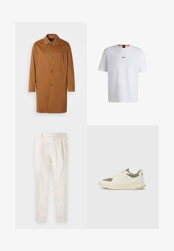 Rjav plašč s kragnjo, dvema stranskima žepoma in tremi sprednjimi gumbi. Narejen iz gladkega blaga, z ravnim krojem.; Bela bomba iz bombaža s kratkimi rokavi, ki ima črni logotip "BOSS" na sredini prsnega dela in okroglo obliko ovratnika.; Bele, plisirane hlače s krojenim prileganjem, z gladko teksturo, z zankami za pas in ožjimi hlačnicami. Brez vidnih žepov ali vzorcev.; Beli in svetlo bež športni copat, s mrežastim zgornjim delom, perforiranimi detajli in teksturirano srednjim delom z blagovno znamko na peti.