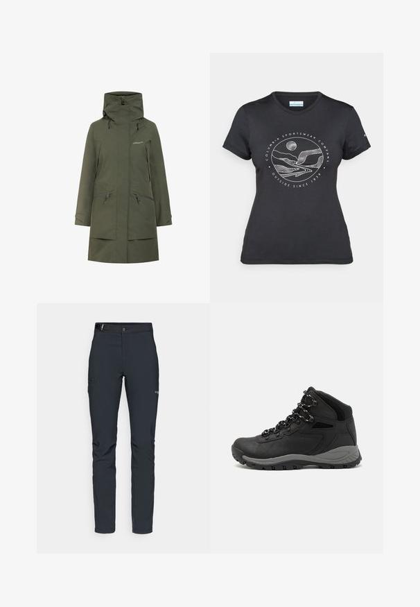Grøn vandtæt parka med høj krave, justerbar hætte og to lynlåslukninger foran. Har et minimalistisk design og en glat tekstur.; Sort Columbia t-shirt med hvid cirkulær bjerg- og flodlinjekunst samt teksten "Columbia Sportswear Company Udenfor Siden 1938."; Herrers udendørsbukser, mørkegrå, lavet af fleksibelt materiale, med bælte, lynlåslommer og forstærkede syninger.; Sort vandrestøvle med en mellem-højde design, der har en tekstureret overdel, grå detaljer og en holdbar gummisål med skridsikre klodser.