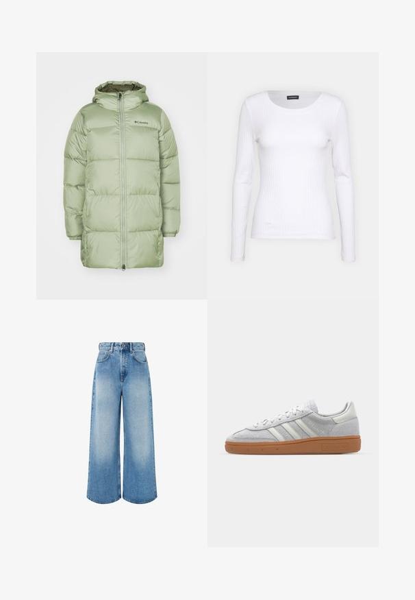 Zelena puffer jakna s kapuljačom, kviltani dizajn, prednji zatvarač, elastične manžete i detalj s logom. Glatka, lagano sjajna tekstura tkanine.; Bijela rebrasta dugosveđa majica s okruglim izrezom. Izrađena od rastezljivog materijala koji se prilagođava tijelu. Sadrži suptilne horizontalne linije.; Svijetloplavi široki traperice izrađene od denima, s visokim strukom, zatvaranjem na dugme i suptilnim izbljeđivanjem te čistim rubovima.; Svijetlosivi nubuk tenisice s bijelim kožnim detaljima, tri bijele pruge i smeđa gumena potplat, s podstavljenim ovratnikom radi udobnosti.