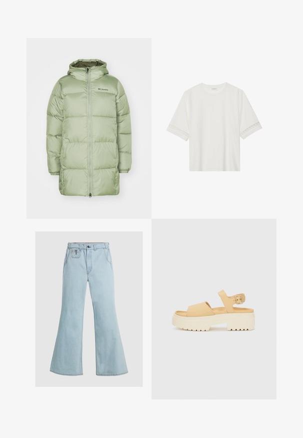 Zöld puffertáű szerelés kapucnival, tűzött dizájn, elülső cipzárral, rugalmas mandzsettákkal és logóval. Simító, enyhén fényes szövettextúra.; Fehér, rövid ujjas póló, pamutból készült, díszes csipkés szegéllyel az ujjak mentén és kerek nyakkivágással.; Világoskék, harangszárú farmerek, melyek denim anyagból készültek, magas derékkal, gombos záródással és elülső zsebekkel rendelkeznek. Simaság jellemzi, minimalista varrás részletekkel.; Sárga műbőr szandál tömzsi fehér platform talppal. Két széles pánttal és állítható bokapánttal rendelkezik, fém csattal.
