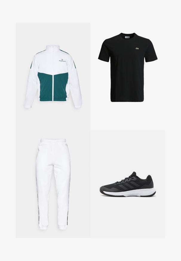 Chaqueta cortavientos blanca y azul verdoso con alto cuello, cierre de cremallera, puños y dobladillo elásticos, que presenta un logotipo en el pecho y bolsillos laterales.; Camiseta de algodón negra con cuello redondo, mangas cortas y un pequeño logo de cocodrilo verde en el lado izquierdo del pecho. Textura suave, diseño casual.; Pantalones de chándal blancos con cintura elástica, que cuentan con franjas laterales negras y puños. Hechos de un tejido suave con una textura lisa.; Zapatilla deportiva negra con una parte superior texturizada, tres franjas horizontales y una suela blanca con un dibujo en su superficie. Diseño ligero y aerodinámico.
