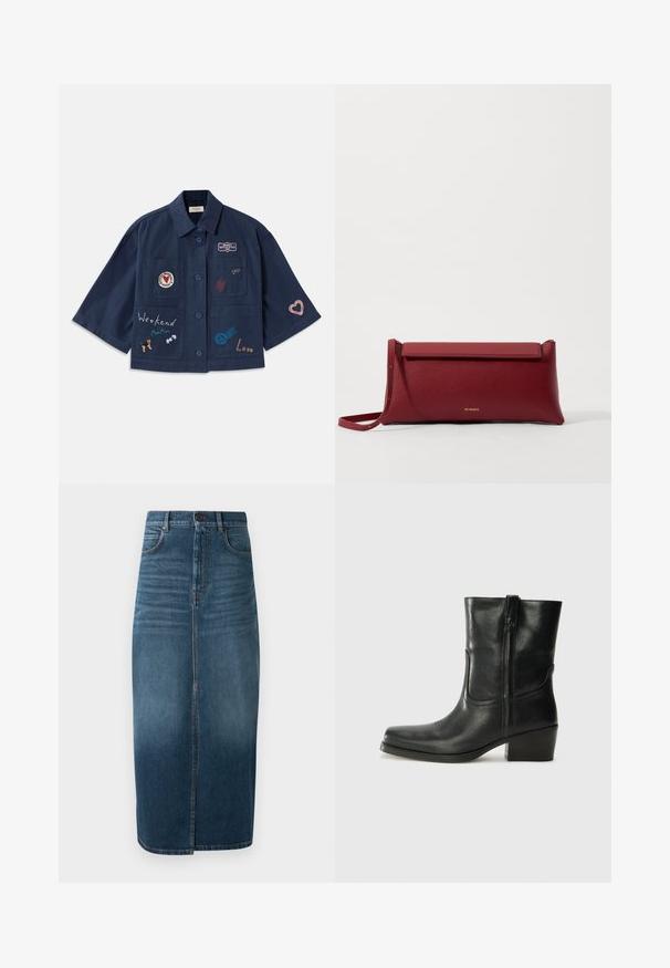 Sötétkék, rövid ujjú ing gombos záródással, különböző hímezett foltokkal, mint például szívek és feliratok. Zsebek találhatók a mellkasnál és az oldalán.; Fehér, rövid ujjú blúz, kék virágos hímzéssel, kerek nyakkivágással és bonyolult mintákkal az elején és az ujjakon.; Sötét indigókék farmer midi szoknya, elülső hasítékkal és enyhe kopással. Klasszikus öt zsebes dizájn fém gombos záródással.; Fekete bőr bokacsizma lekerekített orral, blokk sarkúval, oldalsó cipzárral és varrásos díszítéssel az elején. Simább textúra, klasszikus dizájn.; Piros bőr klutcs táska textúrázott felülettel, lapos hajtogatott tetejével és rövid pánttal. Diszkrét márkájú logó elöl.
