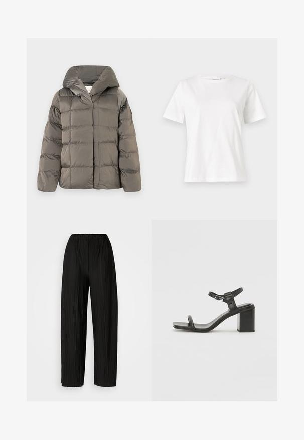 Szara, pikowana kurtka puchowa z dużym kapturem i zapięciem na zatrzaski z przodu, prezentowana na jednolitym białym tle.; Biała bawełniana koszulka z krótkim rękawem, okrągłym dekoltem i luźnym krojem. Gładka tekstura, brak wzorów lub dodatków, minimalistyczny design.; Czarne spodnie szerokie z plisami i elastycznym paskiem w talii. Tkanina ma pionowe plisy i gładką fakturę.; Czarne skórzane sandały na blokowym obcasie z szerokim paskiem na palcach i regulowanym paskiem na kostkę, o eleganckim, minimalistycznym designie.