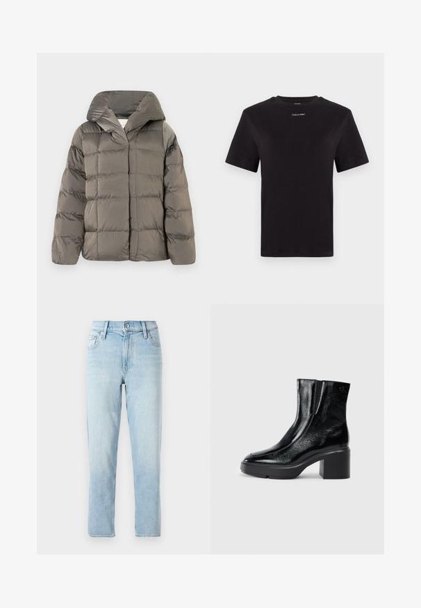 Giacca imbottita grigia con cappuccio grande e chiusura frontale a scatto, mostrata su uno sfondo bianco semplice.; T-shirt in cotone nero con maniche corte, colletto a girocollo e piccolo logo bianco "Calvin Klein" sul petto. Texture liscia, vestibilità classica.; Jeans in denim azzurro chiaro, design a gamba dritta, vita media, con cinque tasche e chiusura con bottone davanti.; Stivali alla caviglia in pelle verniciata nera con punta curva, pannelli laterali elasticizzati e tacco robusto. Presentano un logo impresso sul retro.