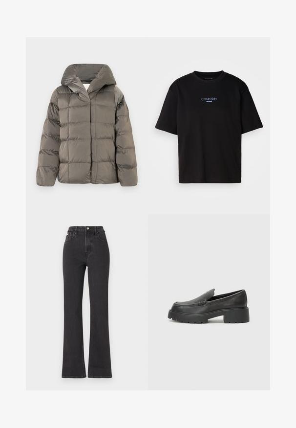 Grau gesteppte Pufferjacke mit großer Kapuze und Druckknopfverschluss vorne, vor einem schlichten weißen Hintergrund präsentiert.; Schwarzes Baumwoll-T-Shirt mit Rundhalsausschnitt, kurzen Ärmeln und blau gesticktem "Calvin Klein JEANS"-Logo auf der Vorderseite.; Schwarze, hochgeschnittene Schlagjeans aus Denim mit Knopfverschluss, Gürtelschlaufen und seitlichen Taschen. Glatte Textur mit minimaler Ausbleichung.; Schwarze Lederloafer mit einer abgerundeten Spitze, dicker strukturierten Laufsohle und minimalen Nähten. Schlankes Design ohne sichtbare Schnürsenkel oder Beschläge.