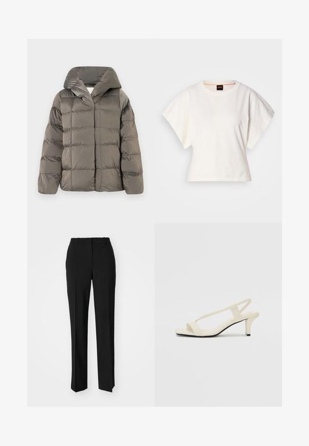 Chaqueta de plumón acolchada gris con gran capucha y cierre delantero a presión, exhibida sobre un fondo blanco liso.; Camiseta blanca recortada, con mangas cortas y anchas, material de algodón suave, cuello redondo con un sutil ribete naranja, diseño minimalista, sin patrones ni gráficos.; Pantalones negros ajustados con un diseño de pierna recta, que presentan una textura suave y pliegues nítidos en el frente. Sin herrajes visibles.; Sandalias de tacón cuadrado en color beige con tiras delgadas y punta cuadrada. Material suave con un diseño minimalista, diseñado para facilitar su uso.