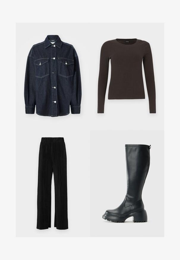 Jaqueta de ganga azul escura com dois bolsos no peito, botões prateados, colarinho pontudo e mangas longas com punhos ajustados. Textura suave.; Top castanho de manga longa em malha com decote redondo. Feito de um material suave e elástico, apresentando um silhueta ajustada e detalhes mínimos.; Calças pregueadas pretas com uma cintura elástica. Apresentam pernas largas e um tecido liso, texturizado com riscas verticais.; Bota preta de couro alta com sola de plataforma robusta e salto bloco, apresentando puxador e padrão texturizado na sola.