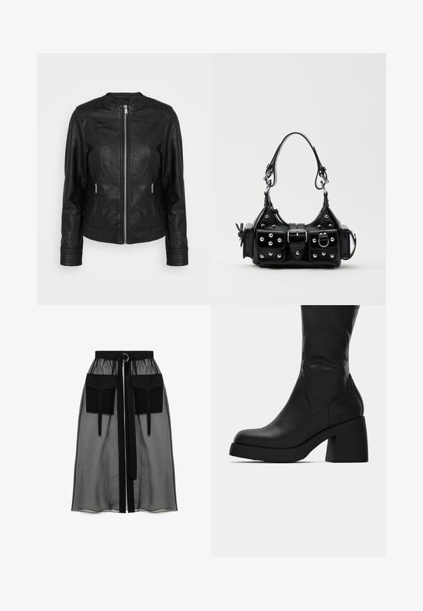 Melnas ādas jaka ar rāvējslēdzēju priekšā, divām priekšējām kabatām ar rāvējslēdzējiem, teksturētām plecu akcentiem un ribotām piedurknēm.; Melnas garas piedurknes blūze no caurspīdīga materiāla, ar apaļu kakla izgriezumu un šauru piegriezumu, ar smalkiem apdariem.; Melnā caurspīdīgā svārka ar salikto jostasvietu, kas ietver divas lielas priekšējās kabatas, jostas saitīti un apaļu metāla akcentu.; Melnas ādas zābaki līdz vidus teļam ar masīvu blokveida papēdi un noapaļotu purngalu, redzami sānu profilā uz baltas fona.; Melnas ādas rokturmais ar izliekumu, ar sudraba iedurtiem, sprādzi un divām sānu kabatām. Regulējams siksniņas garums dažādām nēsāšanas iespējām.