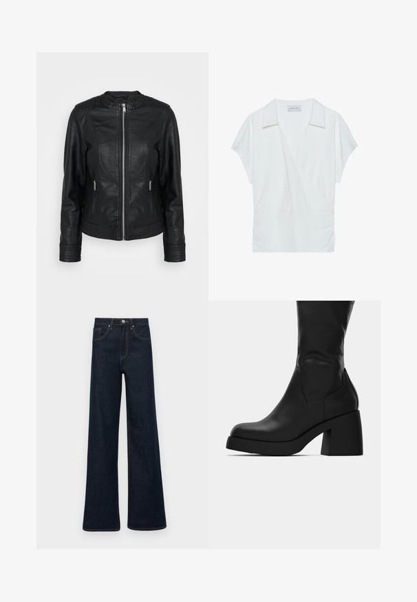 Sorte læderjakke med lynlås foran, to frontlommer med lynlås, teksturerede skulderdetaljer og ribbede ærmekanter.; Hvidkrave wrap-bluse fremstillet af glat stof, med korte ærmer og indsamlet detalje ved taljen for en afslappet pasform.; Mørkeblå bredbenede denimjeans med forlommer, bæltestropper og knaplukning.; Sort læderstøvle til midt på læggen med kraftig blokhæl og rund tå, vist fra siden på hvid baggrund.