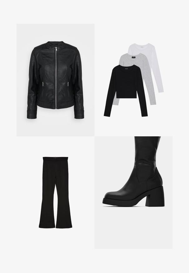 Black leather jacket featuring a zip front, two front pockets with zippers, textured shoulder accents, and ribbed sleeve cuffs.; Three long-sleeve tops stacked: black, grey, and white. Each has a round neckline and a cropped design with smooth, lightweight fabric.; Black flare leggings made from stretchy fabric. Features a wide waistband and a smooth texture, with a fitted silhouette that flares at the hem.; Black mid-calf leather boot with chunky block heel and rounded toe, showing side profile on white background.