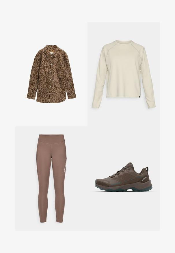Košulja s leopard uzorkom, smeđa i crna, s dugmadi sprijeda, dugim rukavima, dva džepa na prsima, klasičnom kragnom, teksturiranog materijala.; Svijetlo bež majica dugih rukava s teksturiranim, rebrastim dizajnom. Ima raglan rukave i zaobljeni izrez. Suptilan brend logo na rubu.; Smeđe atletske tajice s visokim strukom, s bočnim džepovima i bijelim logotipom. Glatka, rastezljiva tkanina za udobnost i pokretljivost.; Sive i tirkizne planinarske cipele s mrežastim panelima, teksturiranim gornjim dijelom i čvrstim gumenenim potplatom. Imaju podstavljeni jezik i dizajn sa vezicama.