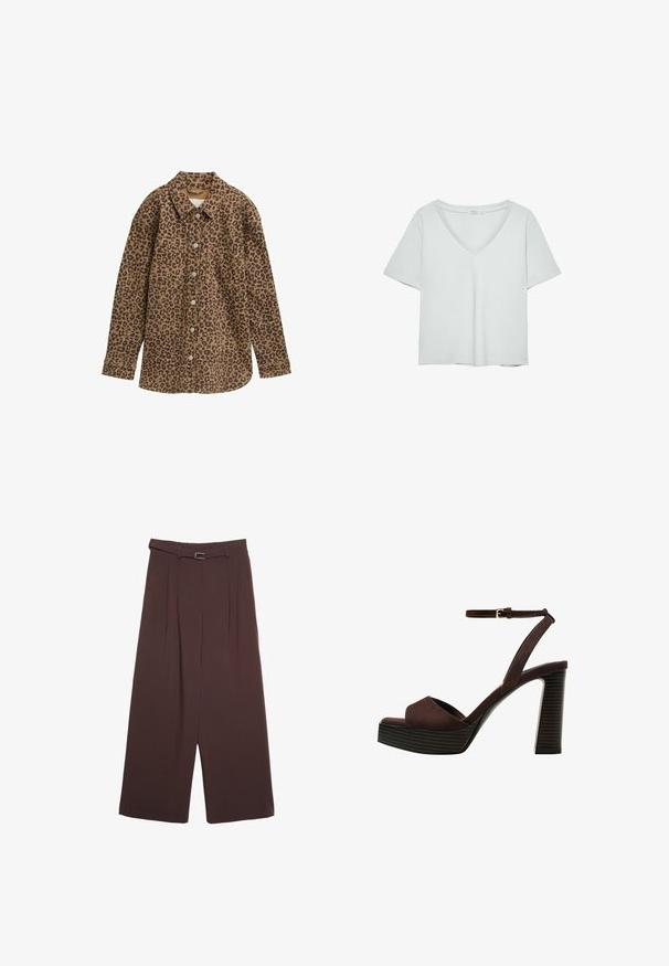 Srajca v leopardjem vzorcu, rjava in črna, z gumbi spredaj, dolgimi rokavi, dvema žepoma na prsih, klasičnim ovratnikom in teksturiranim materialom.; Svetlo siva kratkolasna majica s V-izrezom, napravljena od mekog materijala; ima ležeran kroj i čiste šavove bez uzoraka.; Stradivarius WIDE-LEG WITH BUCKLE DETAIL - Hlače - dark brown; Rjave semiš sandale z visoko peto, odprto spredaj, z nastavljivim gležnjenjem in črtastim podplatom.