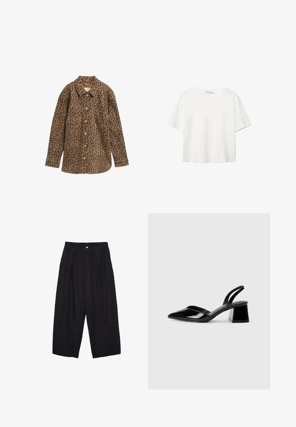 Srajca v leopardjem vzorcu, rjava in črna, z gumbi spredaj, dolgimi rokavi, dvema žepoma na prsih, klasičnim ovratnikom in teksturiranim materialom.; Bela kratka majica s kratkimi rokavi iz bombaža. Ima okroglo izrezovanje in sproščen kroj. Gladka tekstura brez vidnih vzorcev ali poudarkov.; Črne poliesterske culotte hlače z elastičnim pasom, dvema sprednjima nabiranjema in ohlapnim krojem. Brez vidnih vzorcev ali kovinskih detajlov.; Črne lakirane slingback pete s koničastim nosom in geometrijsko blokasto peto. Imajo eleganten, minimalističen dizajn in gladko teksturo.