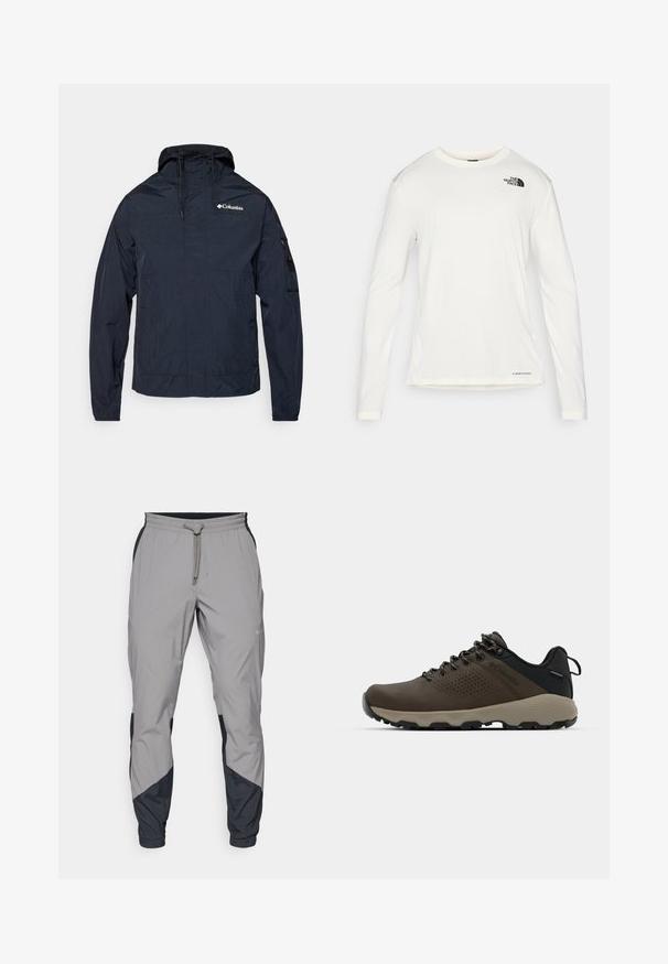 Navy blue lightweight jacket, made of water-resistant material, with a hood, front zip, and logo on the left chest. Features adjustable cuffs.; White long-sleeve shirt with a round neck, textured fabric, black logo on the left shoulder, and subtle branding at the bottom.; Lightweight, gray athletic pants with black accents. Elastic waistband, drawstring closure, tapered leg design, and side pockets.; Brown waterproof sneakers with a textured upper, perforated accents, black heel support, and a grey rubber sole. Laces are styled with metallic ends.