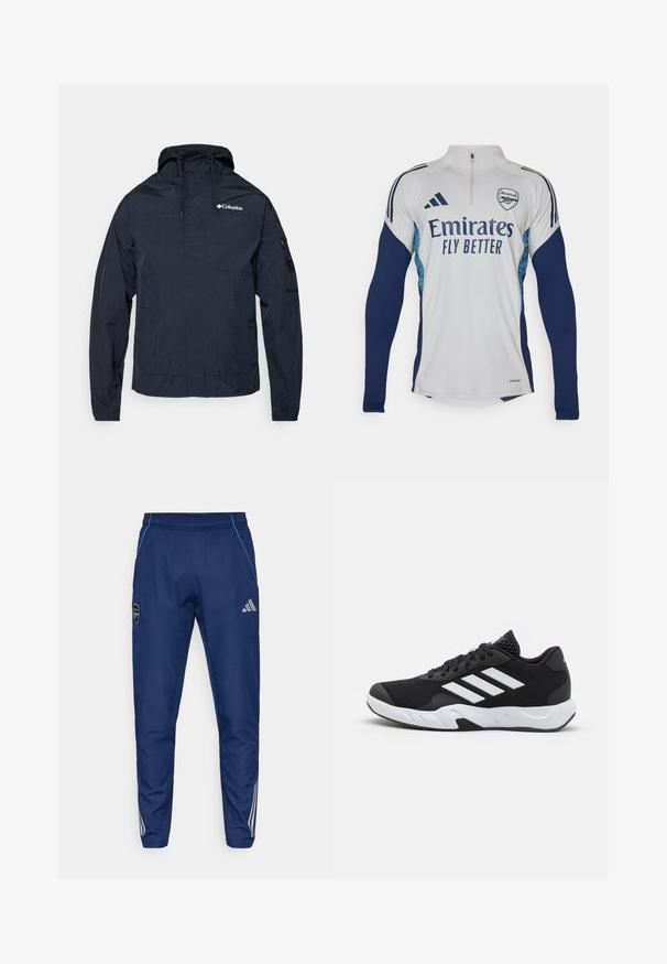 Giacca leggera blu navy, realizzata in materiale resistente all'acqua, con cappuccio, zip frontale e logo sul lato sinistro del petto. Presenta polsini regolabili.; Maglia a maniche lunghe bianca con accenti blu navy, colletto a mezza zip, con il logo "Emirates Fly Better" e il simbolo del club Arsenal.; Pantaloni jogger navy realizzati in tessuto leggero, con un accento blu, patch con logo e tre strisce bianche lungo le gambe inferiori.; Scarpe da ginnastica nere con una tomaia in mesh texturizzata, strisce bianche di accento, suola imbottita e tallone rinforzato per supporto.