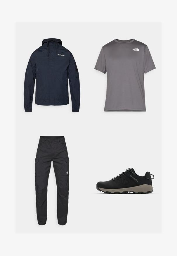 Chaqueta ligera azul marino, fabricada con material resistente al agua, con capucha, cremallera frontal y logo en el lado izquierdo del pecho. Presenta puños ajustables.; Camiseta deportiva corta de manga gris, confeccionada en un tejido suave y ligero. Presenta un logo blanco en la parte izquierda del pecho. Diseño de cuello redondo.; The North Face EXPLORATION PANTS - Pantalones cargo - black; Zapato de senderismo negro con una parte superior lisa, diseño perforado, suela gris y talón reforzado. Cuenta con cordones y un asa para facilitar el uso.