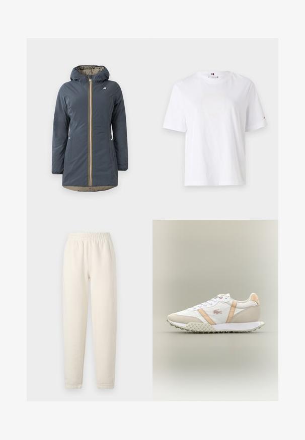 Navy blue insulated jacket with a hood, front zipper, and colorful striped accent. Features side pockets and a beige lining.; White cotton T-shirt with a crew neck, short sleeves, and subtle yellow logo design reading "HILFIGER NEW YORK 1985." Standard fit.; Cream-colored sweatpants made of soft fabric. Features an elastic waistband and tapered leg design with subtle stitching details.; White and beige low-top sneaker with textured sole, lace-up front, and beige side stripes on neutral background.