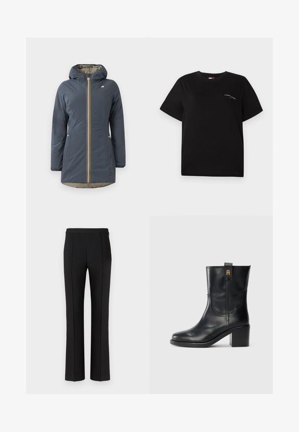 Jachetă izolată de culoare albastru închis, cu glugă, fermoar frontal și accente colorate cu dungi. Dispune de buzunare laterale și căptușeală bej.; Tricou negru cu mânecă scurtă, din bumbac, cu guler rotund și un mic logo alb în zona stângă a pieptului. Design simplu, relaxat.; Pantaloni negri, croiți, cu o textură netedă, caracterizându-se printr-o croială dreaptă, pliuri frontale centrate și un design minimalist al taliei.; Botină din piele neagră, până la jumătatea gambei, cu toc pătrat și logo-ul „TH” aurit pe eticheta de prindere, pe un fundal alb.