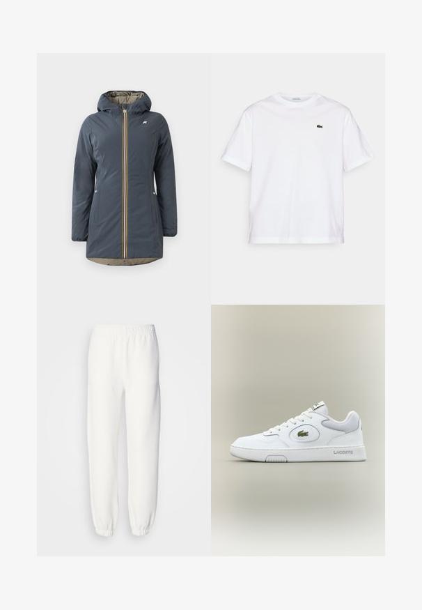 Navy blue insulated jacket with a hood, front zipper, and colorful striped accent. Features side pockets and a beige lining.; White cotton T-shirt with a round neckline and short sleeves. Features a green embroidered logo on the chest. Soft texture, relaxed fit.; White sweatpants made of soft, knitted fabric. Elastic waistband and cuffs provide a relaxed fit. Minimalist design, no visible patterns or accents.; White leather sneaker with mesh accents, round toe, and flat laces. Features a green crocodile logo and "LACOSTE" branding on the heel.