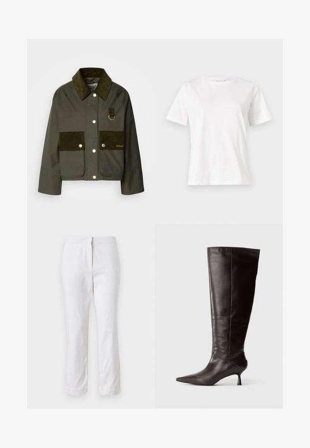 Olive green jacket with corduroy collar and pockets, featuring golden hardware and a D-ring detail. Structured, cropped design.; White cotton t-shirt with short sleeves, round neckline, and a relaxed fit. Smooth texture, no patterns or accents, minimalistic design.; White cotton pants with a straight leg design, featuring a mid-rise waist and no visible hardware or patterns. Smooth texture throughout.; Brown leather knee-high boot with a pointed toe and slim heel. Smooth texture and sleek design, featuring a minimalistic silhouette.