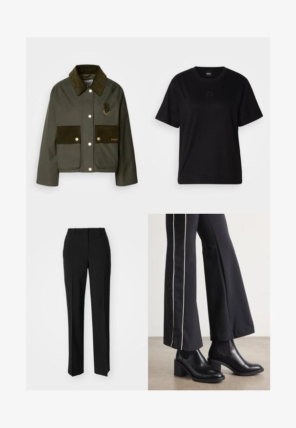 Olivgrüne Jacke mit Cordkragen und Taschen, ausgestattet mit goldenen Beschlägen und einem D-Ring-Detail. Strukturierte, kurz geschnittene Form.; Schwarzes Baumwoll-T-Shirt mit Rundhalsausschnitt, kurzen Ärmeln und aufgesticktem Logo auf der Brust. Einfacher, lässiger Schnitt ohne Muster.; Schwarze, taillierte Hose mit geradem Bein, aus einem glatten Stoff und mit klaren Falten an der Vorderseite. Keine sichtbare Hardware.; Schwarze Lederstiefeletten mit einem Blockabsatz, ausgestattet mit elastischen seitlichen Einsätzen. Kombiniert mit schwarzen Hosen, die einen weißen Seitenstreifen haben.