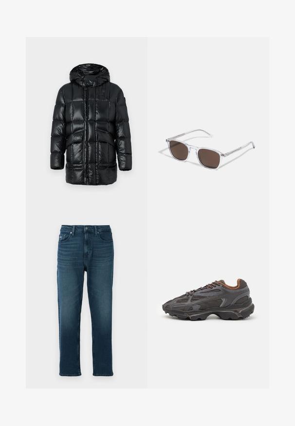Black puffer jacket with a shiny, quilted finish, featuring a hood, front buttons, and two side pockets. Materials appear lightweight and insulated.; White sweatshirt made of cotton with long sleeves, round neckline, and black Nike logo on the left chest. Soft texture with ribbed cuffs.; Dark blue denim jeans with a straight leg design, five pockets, and a button front closure. Smooth texture with slight fading details.; Lacoste sneakers in dark gray with mesh and synthetic material, featuring a textured sole and brown accents on the collar and branding.; Clear plastic sunglasses with rectangular brown lenses, featuring thin, transparent arms and metal accents on the temples.