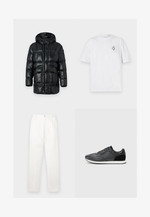 Čierna puffrová bunda so žiarivým, prešívaným povrchom, so kapucňou, prednými gombíkmi a dvomi bočnými vreckami. Materiály sa zdajú byť ľahké a zateplené.; Biela bavlnená tričko s voľným strihom, s malým čiernym grafickým logom na ľavej strane hrudníka. Krátke rukávy, okrúhly výstrih.; Biele nohavice vyrobené z hladkej tkaniny, s rovnými nohavicami, prednými záhybmi a jedným gombíkom na zapínanie v páse.; Čierne športové tenisky s koženým zvrškom a perforovanými detailmi, zamšovými akcentmi a bielou gumovou podrážkou. Klasický dizajn na šnurovanie.