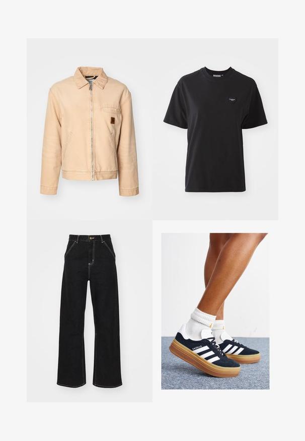 Beżowa kurtka dżinsowa z zamkiem z przodu, szpiczastym kołnierzem, dwiema bocznymi kieszeniami i małą naszywką z logo na klatce piersiowej. Casualowy, luźny krój.; Czarny bawełniany t-shirt z okrągłym dekoltem, krótkimi rękawami i małym serduszkowym logo w górnym lewym rogu. Gładka tekstura, luźny krój.; Czarne dżinsy o szerokich nogawkach, wykonane z denimu, z kontrastowym białym szwem i zapięciem na guzik z przodu, posiadające dwie ukośne kieszenie z przodu.; Czarne zamszowe trampki z białymi paskami i akcentami, zaokrąglonym noskiem, gumową podeszwą w kolorze jasno-brązowym, zestawione z białymi żebrowanymi skarpetkami do kostki.
