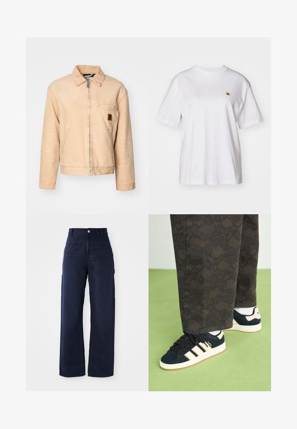 Beez denim jope, millel on lukuga eest, terav kaelus, kaks küljetaskut ja väike logo applikatsioon rinnal. Loodud mugavaks ja lõdvestunud istuvuseks.; Valge puuvillane T-särk, millel on lõdva lõikega, lühikesed varrukad ja väike broderi logo vasakul rinnakarpi.; Tumed sinised laiad cargo püksid, valmistatud vastupidavast puuvillakangast, küljetaskute ja nup closure'iga vööl.; Mustare ja mustrilised püksid, mis on paaritatud tumesiniste sametist tossudega, millel on kreemivärvilised triibud ja valged tallad. Kuvatud pinnad on tekstuuriga ja siledad.