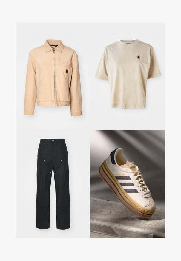 Beige denimjakke med lynlås foran, spidse kraver, to sidelommer og en lille logo-patch på brystet. Casual, afslappet pasform.; Beige bomulds t-shirt med afslappet pasform, rund hals, korte ærmer og et lille firkantet logo patch på venstre brystområde.; Sorte bukser med lige ben-design, lavet af et tekstureret stof. Har dekorativt sølvhardware og unikke sømdetaljer.; Adidas Gazelle sneaker med en creme farvet ruskindsoverdel, blå læderdetaljer, tre blå striber, beige mellemsål og brune gummisål.
