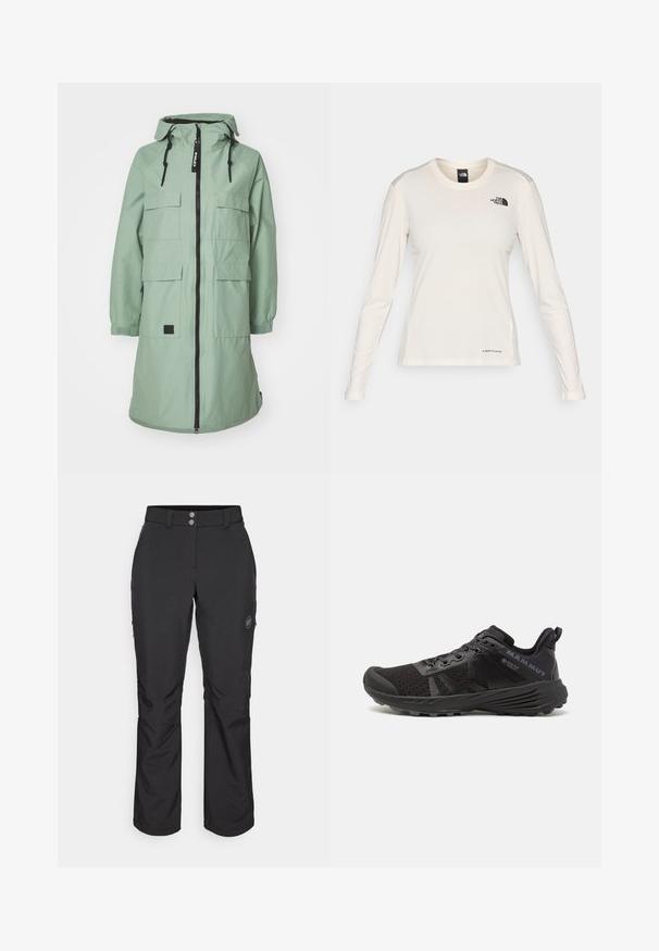 Menta zöld, hosszú parka, elöl cipzárral, állítható kapucnival és négy elülső zsebbel. Rugalmas mandzsettákkal és logózott részlettel rendelkezik.; The North Face SHADOW LONG SLEEVE - Hosszú ujjú felső - white dune; Fekete, egyenes szabású kinti nadrág, gombos záródással, cipzáros oldalzsebekkel és logóval a bal combon.; Fekete futócipő textúrázott hálós felsőrésszel, megerősített orral és gumi talppal. Felszereltsége fűzős rendszer és logó részletezés az oldalon.