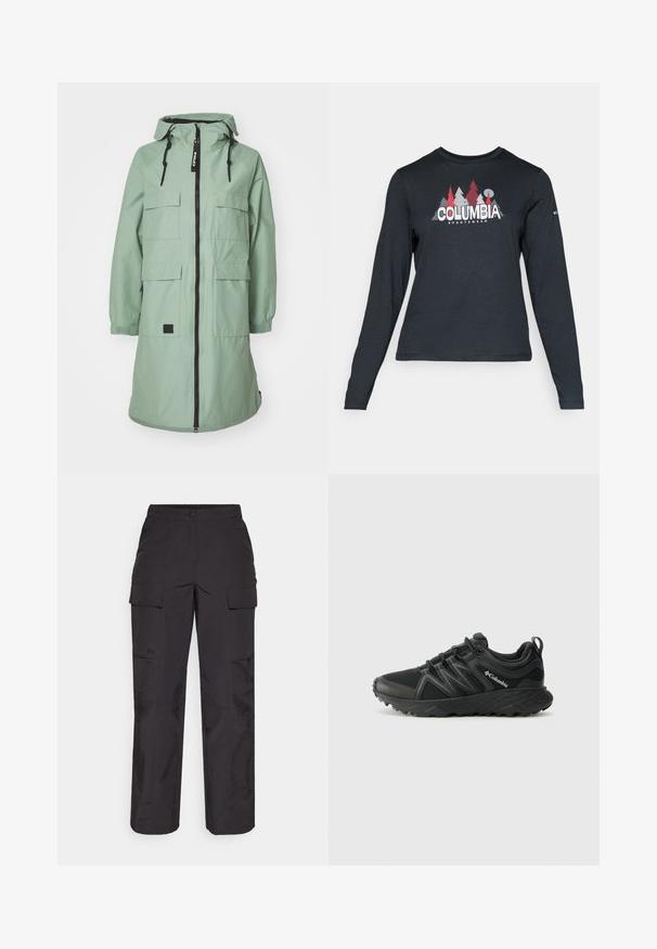 Mėtų žalia, ilga parka su užtrauktuku priekyje, reguliuojama kapuce ir keturiomis priekinėmis kišenėmis. Savybės: elastinės rankovės ir logotipo aplikacija.; Ilga rankovė tamsiai pilka marškinėliai su raudonų medžių ir kalnų grafika; drąsaus baltos spalvos teksto "COLUMBIA" logotipas. Minkšta medžiaga, standartinis apvalus kaklas.; Juodos krovinių kelnės, pagamintos iš tvirto audinio, su keliais šoninėmis kišenėmis, mygtukų uždarymu ir laisvu siluetu su tiesiomis kojomis.; Columbia PEAKFREAK - Turistiniai batai - black