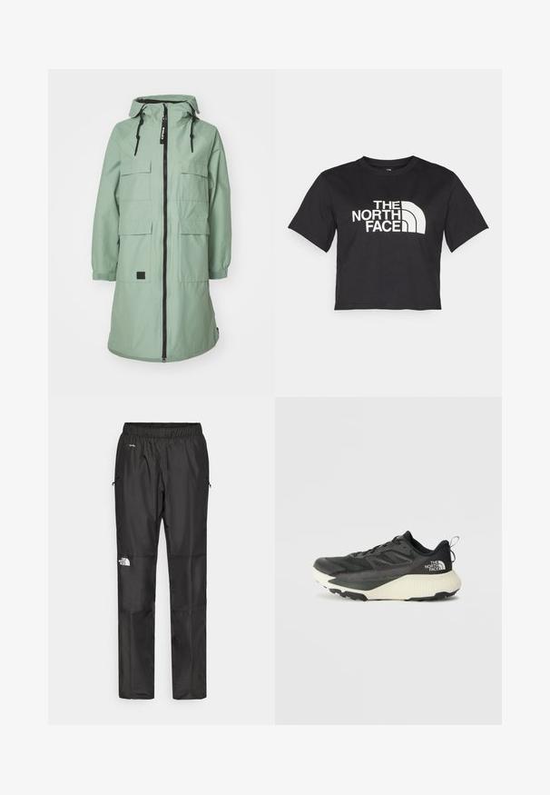 Parka larga verde menta con cremallera frontal, capucha ajustable y cuatro bolsillos frontales. Cuenta con puños elásticos y un detalle de parche con el logo.; Camiseta negra corta hecha de algodón, con un logo blanco con acentos curvados y el texto "THE NORTH FACE" en el frente. Mangas cortas, cuello redondo.; Pantalones impermeables negros hechos de un tejido ligero, con una cintura elástica, bolsillos laterales y un logo en la pierna izquierda.; Zapatilla deportiva negra con parte superior texturizada, que presenta acentos grises y una entresuela blanca. Incluye una lengüeta y un logotipo de la marca destacado en el talón.