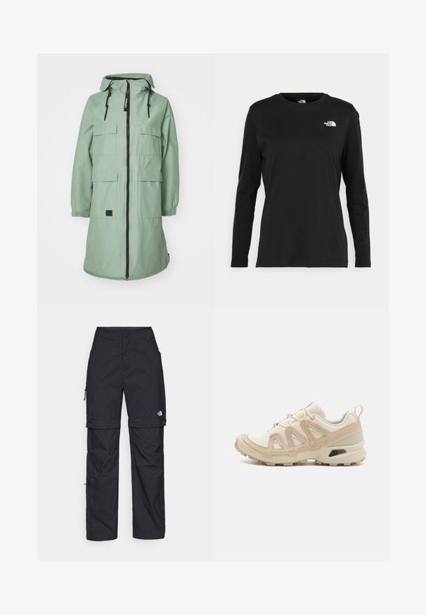 Minttivihreä pitkä parka, jossa on vetoketjukiinnitys, säädettävä huppu ja neljä etutaskua. Varustettu elastisilla hihoilla ja logopatch-yksityiskohdalla.; Musta pitkähihaisen t-paita, joka on valmistettu puuvillasta ja jossa on pyöreä kaula-aukko. Vasemmassa rinnassa on pieni valkoinen logo. Yksinkertainen muotoilu ja istuvuus.; Mustat nailonista valmistetut irrotettavat cargo-housut säädettävillä lahkeilla, useilla taskuilla ja logolla oikeassa jalassa. Liukas, kevyt rakenne.; Beige ja kreemi värvi sportlikud jalanõud, millel on tekstiilne mesh ülemine osa, toetavad ülekatted ja kummist tald, millel on mustripattern haardeks.
