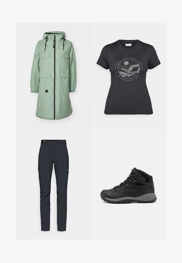 Mátově zelená dlouhá parka se zipovým uzávěrem, nastavitelnou kapucí a čtyřmi předními kapsami. Obsahuje elastické manžety a detail s logo nášivkou.; Černé tričko Columbia s bílým kruhovým uměleckým ztvárněním hor a řeky a textem "Columbia Sportswear Company Outside Since 1938."; Pánské outdoorové kalhoty, tmavě šedé, vyrobené z flexibilního materiálu, s pásem, zipovými kapsami a vyztuženým švem.; Černé turistické boty s mírně vyšším střihem, které mají texturovaný svršek, šedé detaily a odolnou gumovou podrážku s trakčními výstupky.