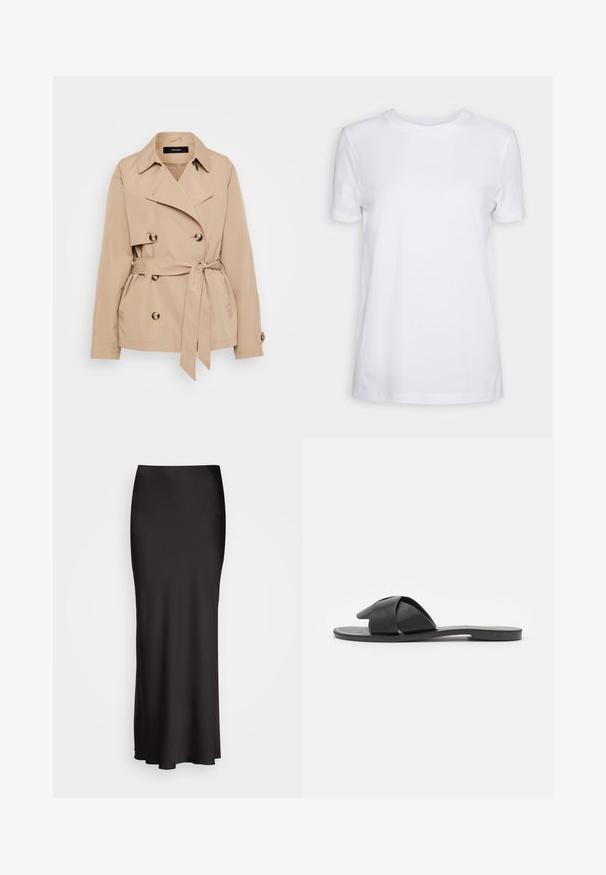 Beige trenchcoat van een lichtgewicht stof, met een dubbelhoog ontwerp, gouden knopen en een strikceintuur om de taille.; Witte korte mouwen T-shirt van katoen. Ronde hals ontwerp met een soepele textuur en geen zichtbare patronen of accenten. Basisstijl.; Zwarte, vloerlange satijnen rok met een gladde textuur, een aansluitende tailleband en een A-lijn silhouet, zonder zichtbare versieringen of patronen.; Zwarte instapsandalen met gekruiste banden. Gemaakt van soepel leer met een platte zool en minimale stiksels. Eenvoudig ontwerp met open teen.