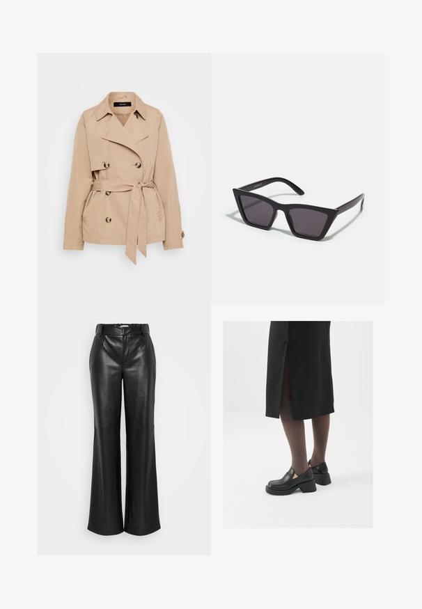 Beige trench coat in a lightweight fabric, featuring double-breasted design, gold-tone buttons, and a tied waist belt.; Black ribbed turtleneck top, short sleeves, form-fitting design, soft texture, minimal seams, and a high collar.; ONLY Tall ONLSMOOTH WIDE - Trousers - black; Black leather shoes with a rounded toe, thick block heel, and elastic side accents, paired with dark tights and a black skirt with a slit.; Black, angular sunglasses with gray lenses; made of plastic, featuring thick arms with a smooth surface and no visible hardware.