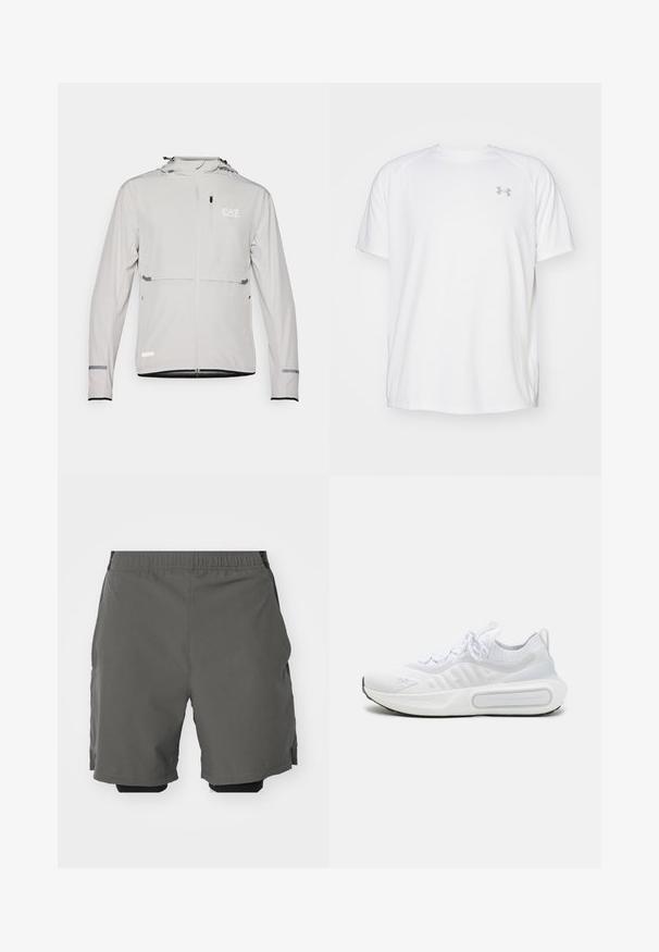 EA7 Emporio Armani HOODIE - Tréningová bunda - gray/violet; Biele atletické tričko s krátkym rukávom vyrobené z hladkej tkaniny. Má okrúhly výstrih a šedé logo na ľavej hrudi, so štrbinami po stranách na leme.; Sivé športové šortky s hladkým, ľahkým materiálom a elastickým pásom, s vnútornými kompresnými šortkami a bočnými vreckami.; Biele športové tenisky s textúrovaným pleteným zvrškom, šnurovaním, mäkčenou podrážkou a charakteristickým detailom značky na boku.