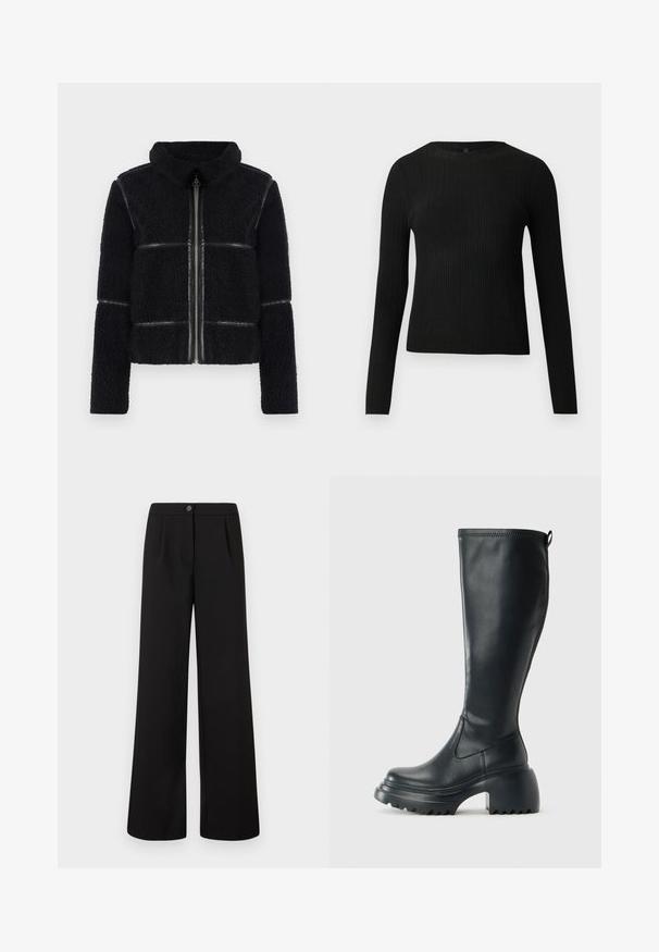Black fleece jacket with a high collar, front zipper, and smooth leather accents. Features a textured surface and structured silhouette.; Black ribbed long-sleeve fitted sweater with a round neckline, displayed against a plain light background.; Black high-waist wide-leg trousers with front button and zipper closure, featuring subtle pleats below the waistband.; Tall black leather boot with chunky platform sole and block heel, featuring pull tab and textured tread on outsole.