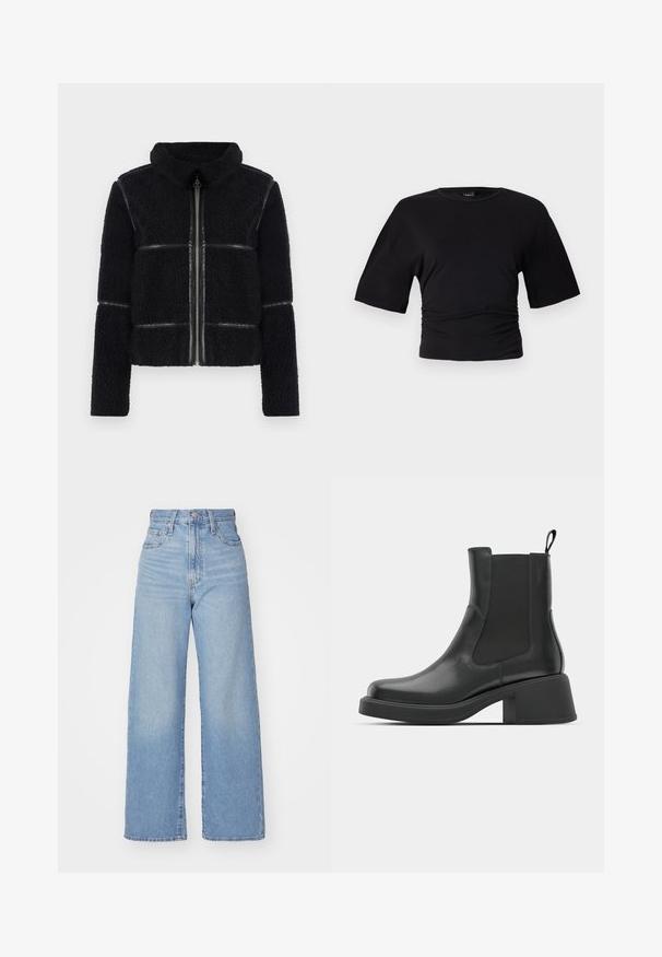 Black fleece jacket with a high collar, front zipper, and smooth leather accents. Features a textured surface and structured silhouette.; Gina Tricot SOFT TOUCH RUCHED TEE - Basic T-shirt - black; Light blue high-waist wide-leg jeans with front button and zip closure, front and back pockets, on a white background.; Black leather ankle boots with elastic side panels, rounded toe, and a chunky block heel. Smooth texture with a minimalistic design.