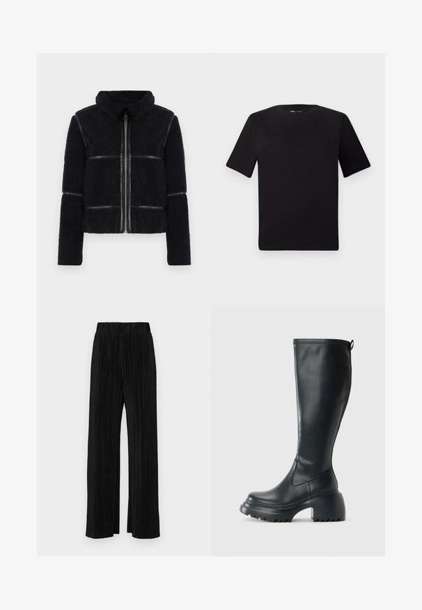 Casaco de fleece preto com gola alta, fecho éclair frontal e detalhes em pele suave. Apresenta uma superfície texturizada e uma silhueta estruturada.; T-shirt preta de mangas curtas com decote redondo, feita de tecido de algodão suave. Design simples, sem logótipos ou padrões visíveis.; Calças pregueadas pretas com uma cintura elástica. Apresentam pernas largas e um tecido liso, texturizado com riscas verticais.; Bota preta de couro alta com sola de plataforma robusta e salto bloco, apresentando puxador e padrão texturizado na sola.