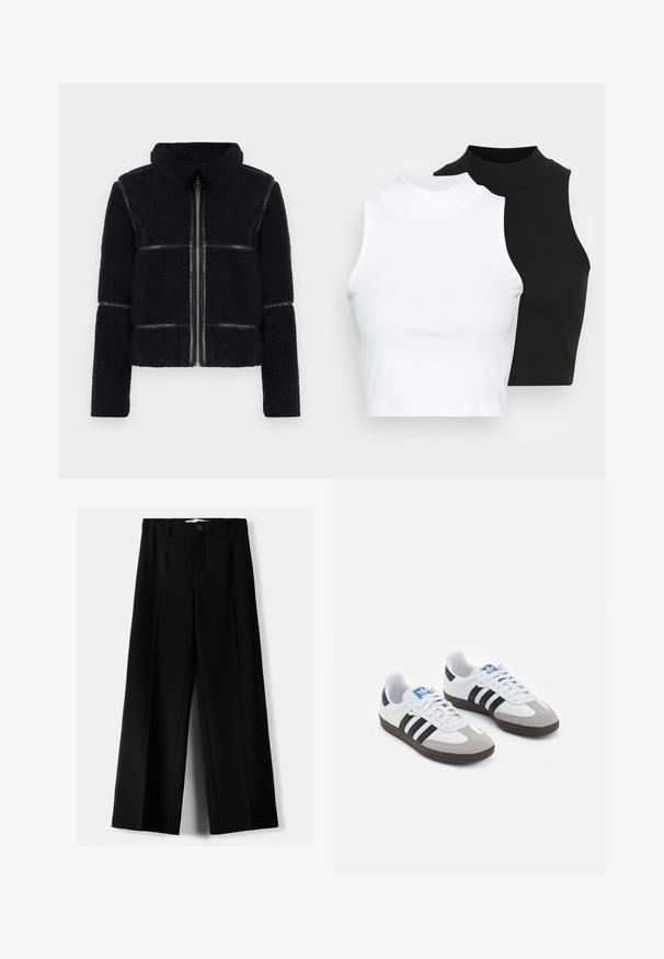Jachetă din fleece neagră cu guler înalt, fermoar frontal și accente din piele netedă. Prezintă o suprafață texturată și o siluetă structurată.; Două bluze fără mâneci, cu guler înalt, în culorile negru și alb, având un design ajustat și o textură netedă, cu o lungime scurtă.; Pantaloni negri cu picior larg, fabricați dintr-un material ușor, cu închidere frontală cu nasture și față plată, având tivuri cusute cu atenție.; Încălțăminte sport cu un superior din piele albă, vârf din suede gri și trei dungi negre. Prezintă un logo albastru pe limbă și o talpă din cauciuc texturat.